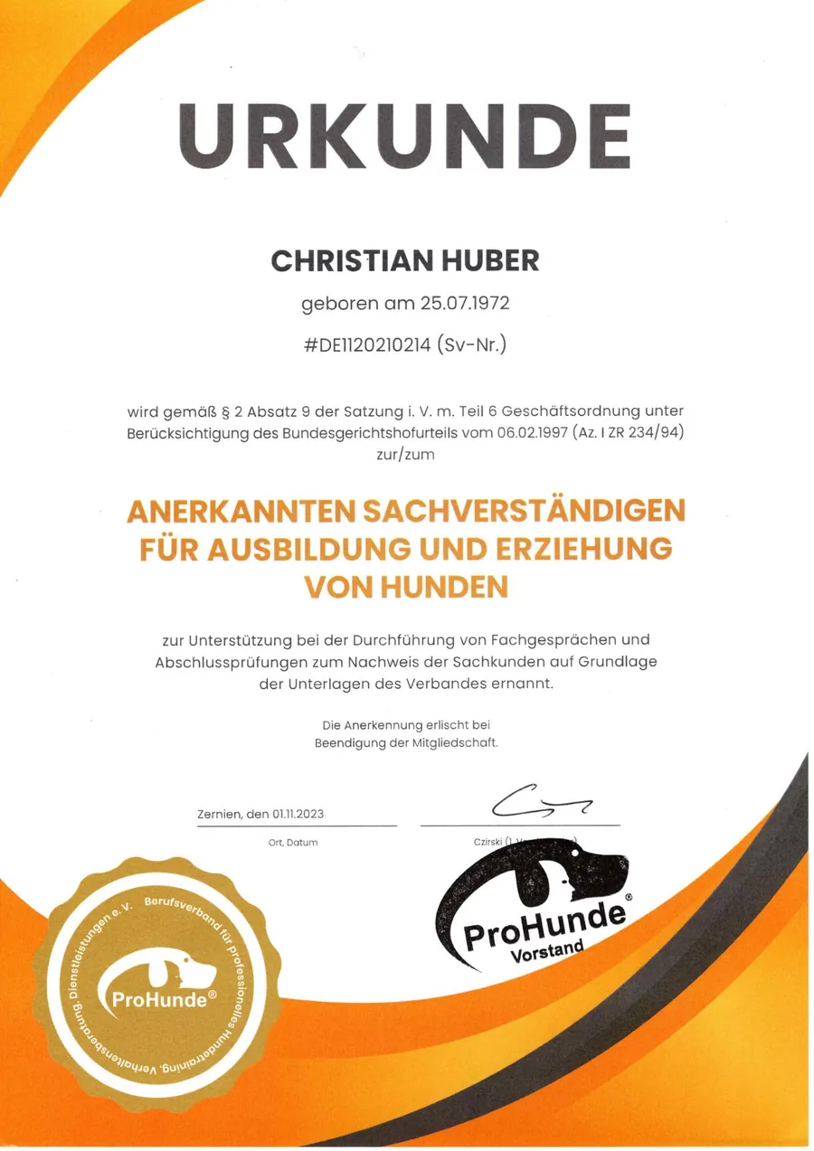 Urkunde anerkannter Sachverständiger für Ausbildung und Erziehung von Hunden